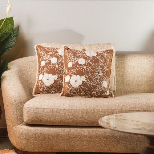 Brown Flower Embroidered Cushion Cover