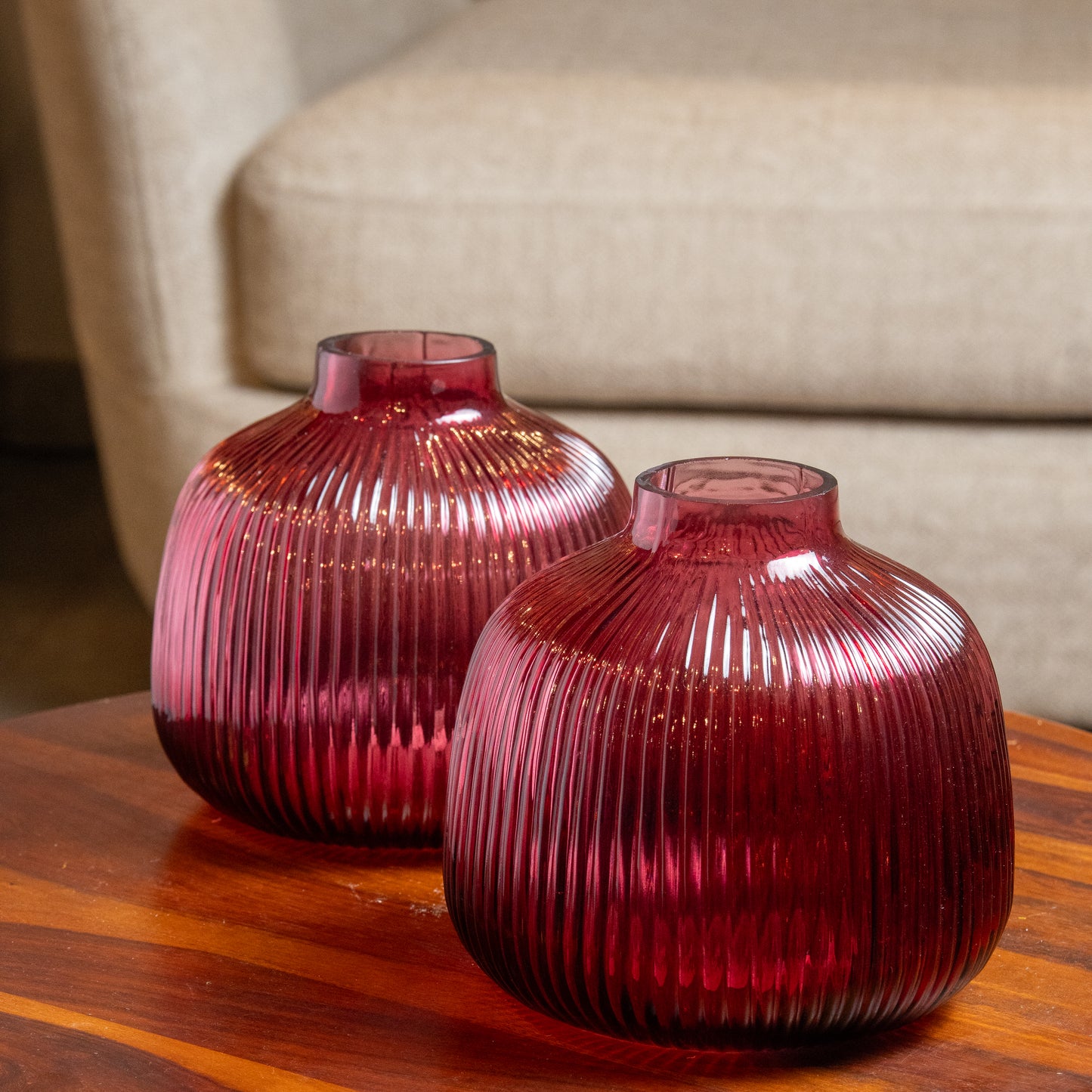 Dark Pink Round Ribbed Vase