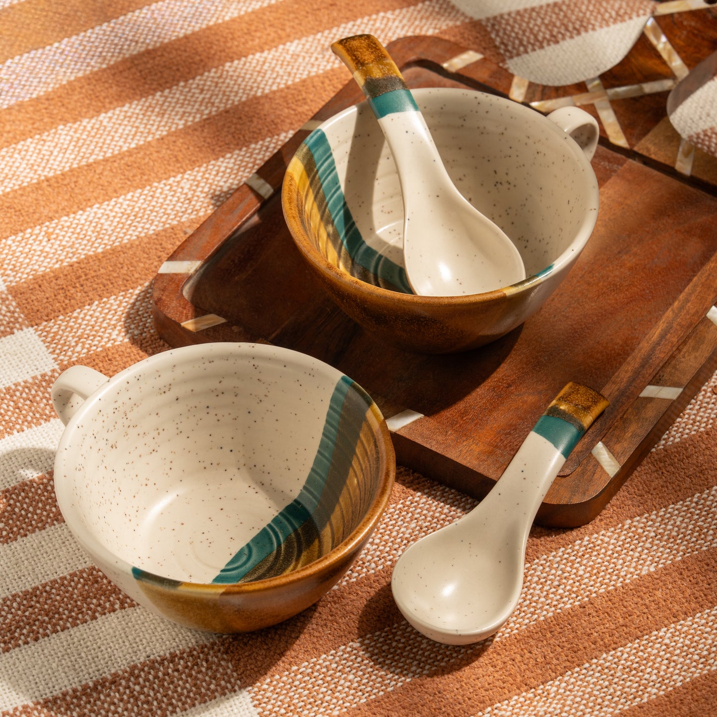 Beige Soup Bowl With Green Stripes