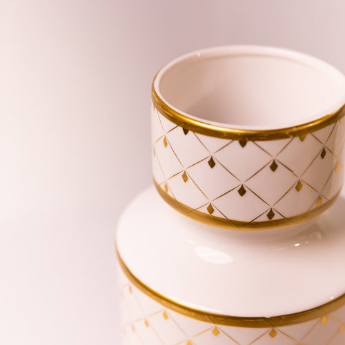 White & Gold Geometric Design Ceramic Vase - Medium