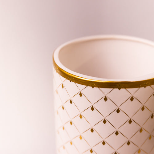 White & Gold Diamond Design Ceramic Vase-Medium