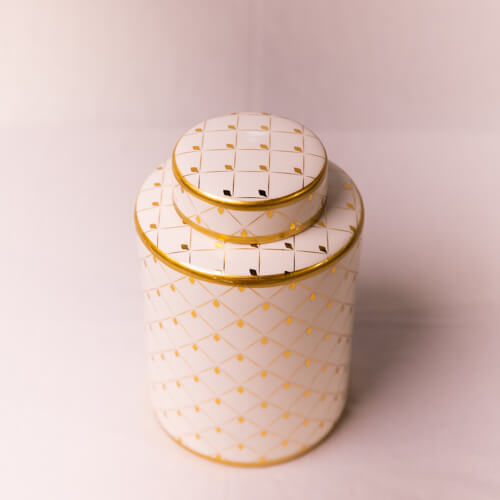 White & Gold Round Ceramic Canister With Lid - Medium