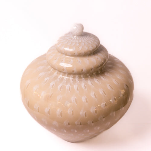 Beige & White Handblown Glass Jar With Lid