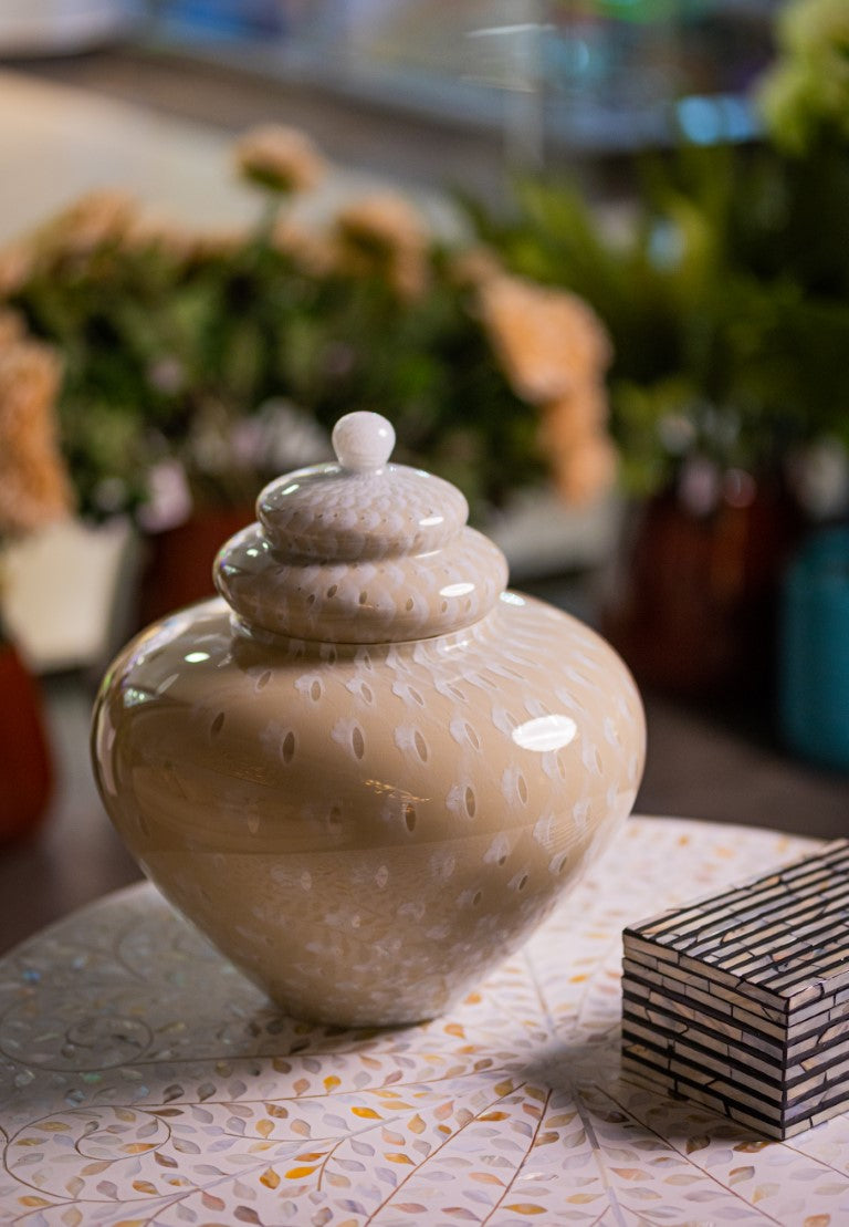 Beige & White Handblown Glass Jar With Lid