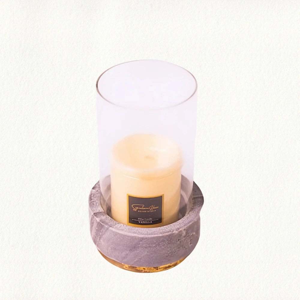 Grey Marble Hurricane With Brass Finish Ring & Glass Top View