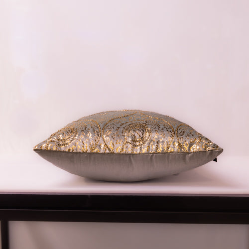 Glacial Green Foil Printed Cushion Cover With Sequin Work