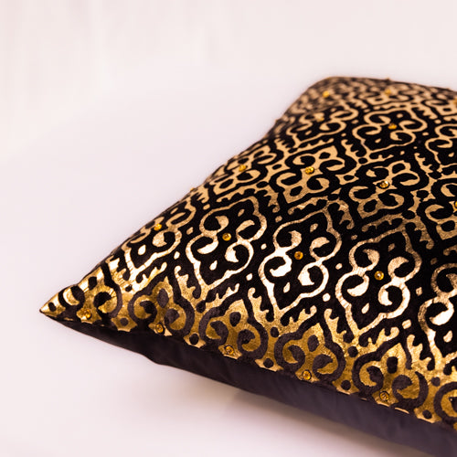 Black & Gold Velvet Foil Printed Cushion Cover With Stonework