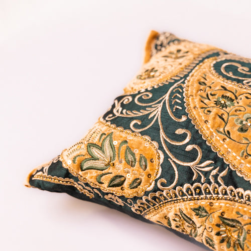 Dark Green Cushion Cover With Gold Patchwork And Floral Embroidery