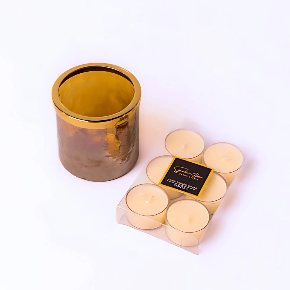 Black Glass T - Light Holder With Gold Metal Rim Set