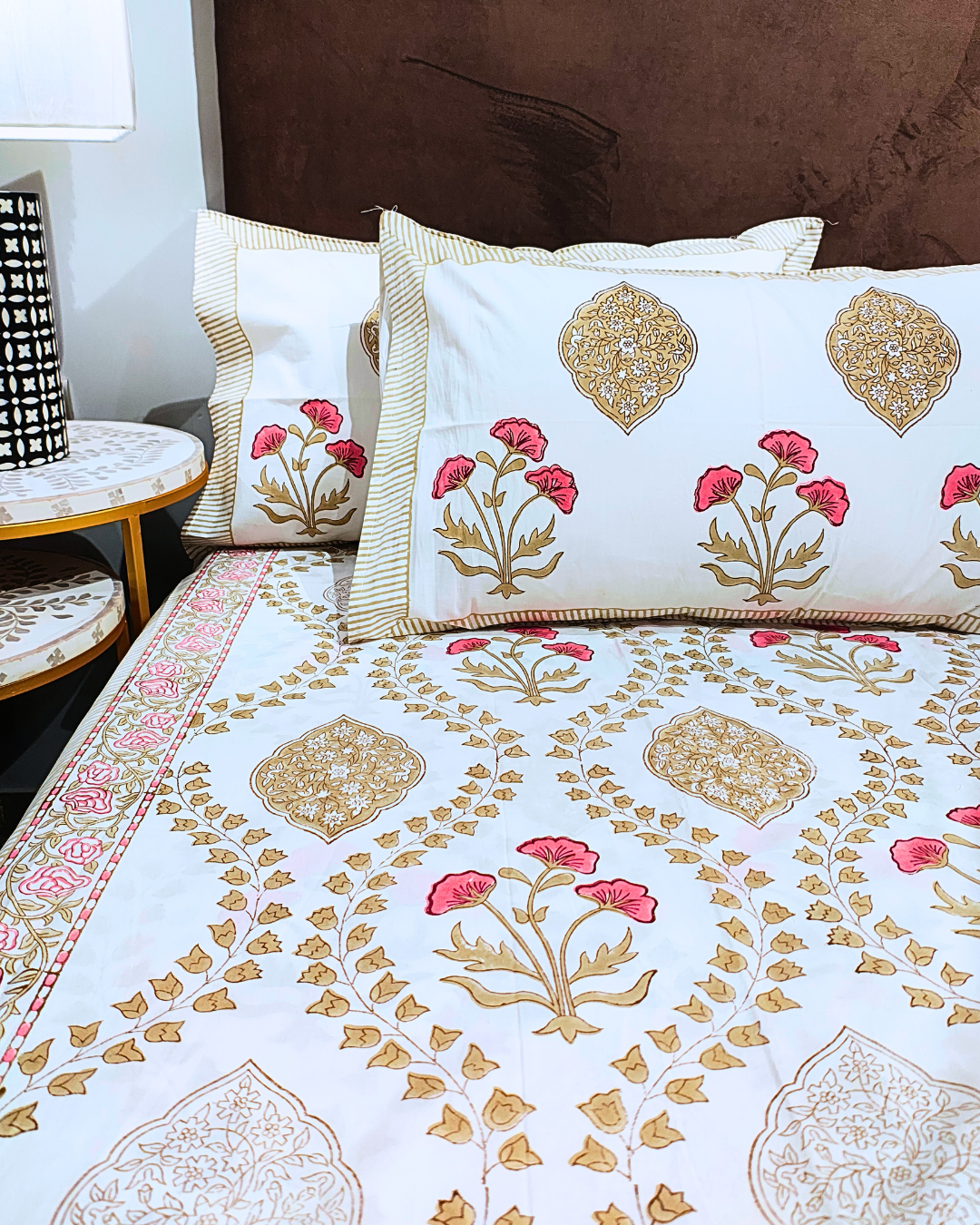 Pink Poppy Block Print King Size Bedsheet
