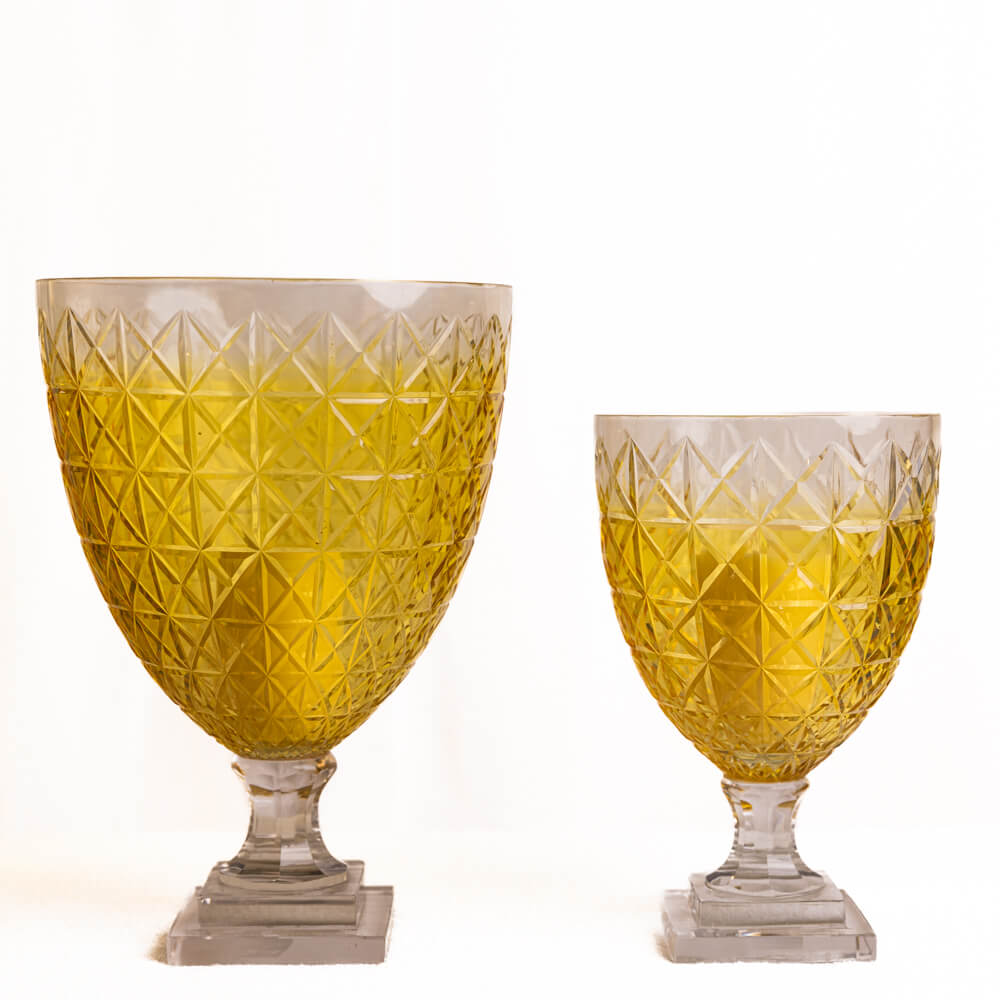Yellow Cut Glass Candle Holder - Medium