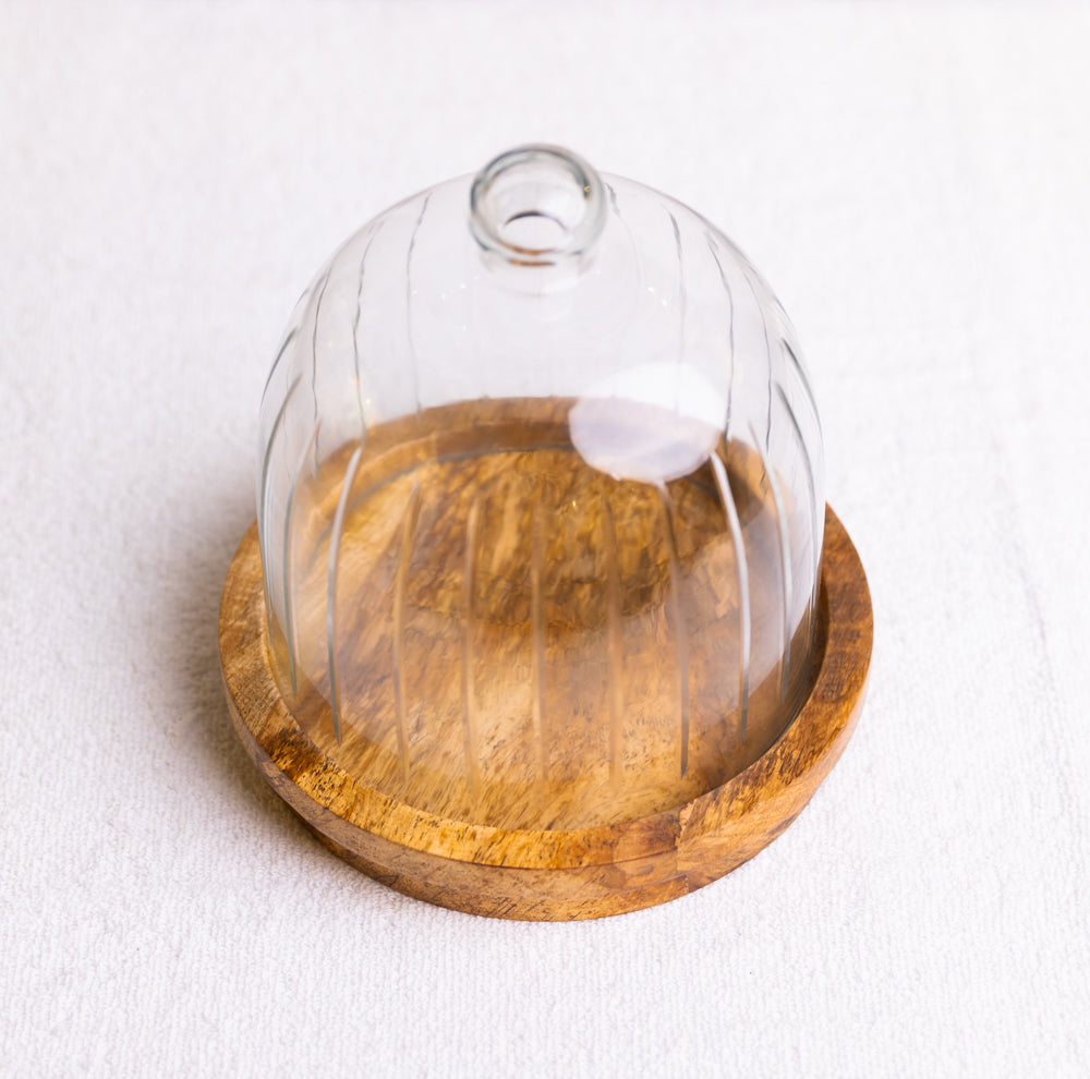 Ribbed Glass Cloche With Wooden Base