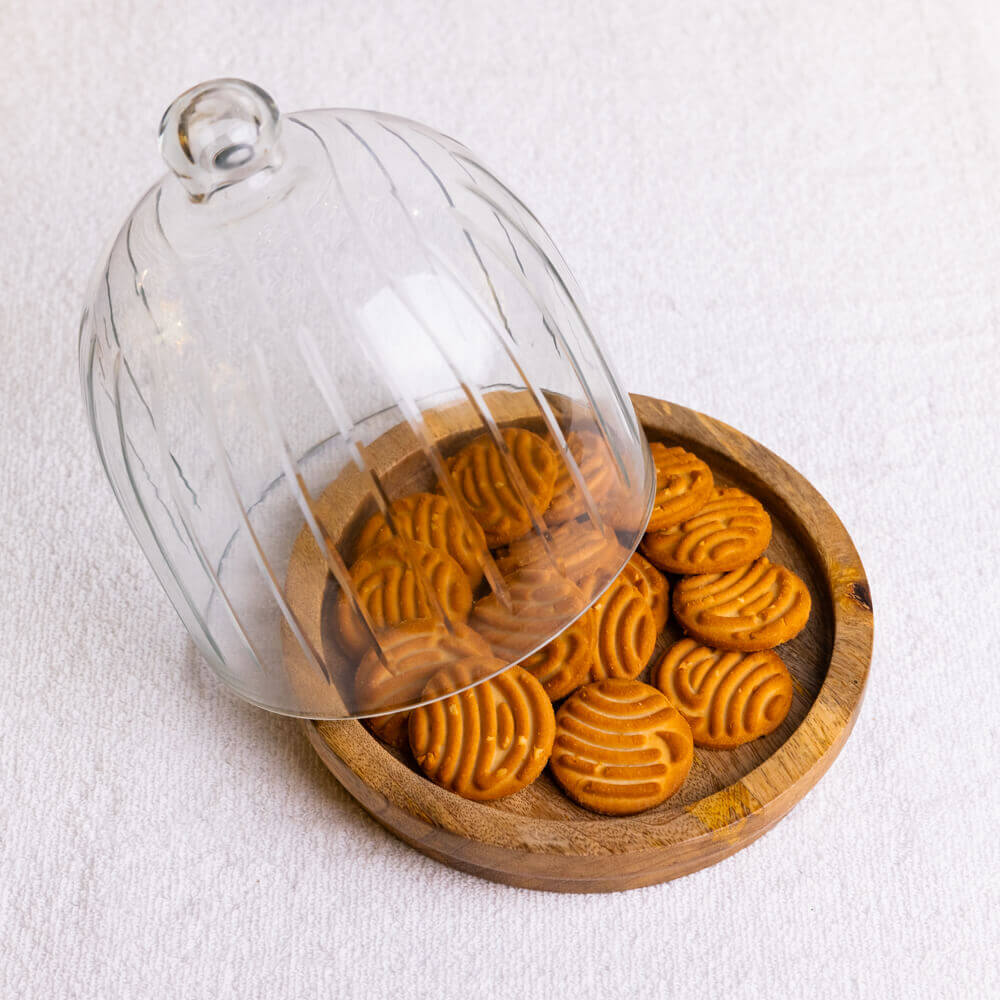 Ribbed Glass Cloche With Wooden Base