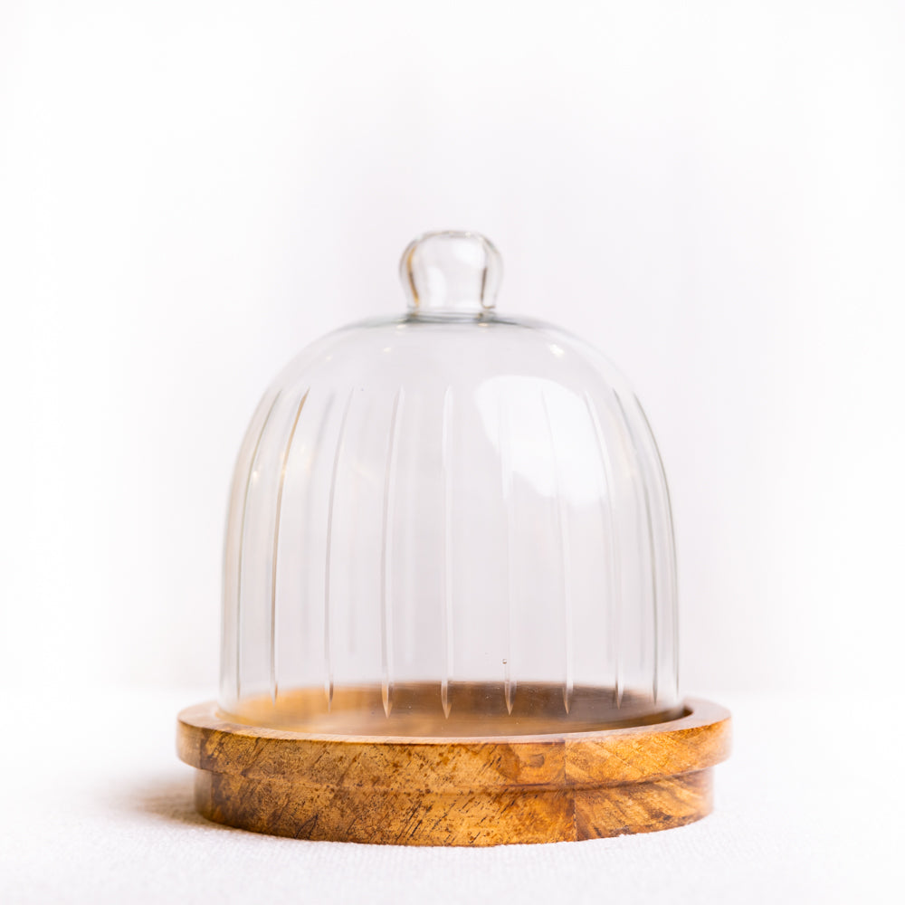 Ribbed Glass Cloche With Wooden Base