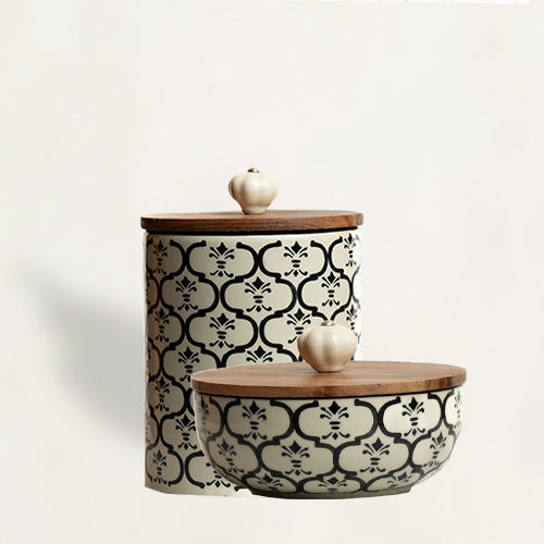 Black & White Hand Painted Jar With Spoon
