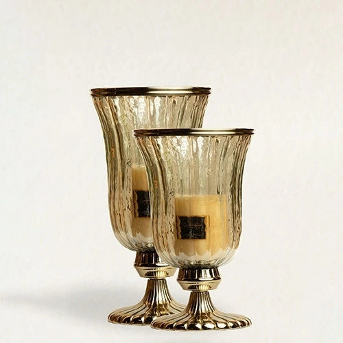 Gold Ribbed Glass 7 Metal Hurricane Large & Medium