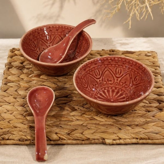 Cherry Red Embossed Soup Bowl with Spoon