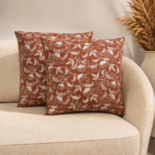 Raw Brown with White Embroidery Cushion Cover