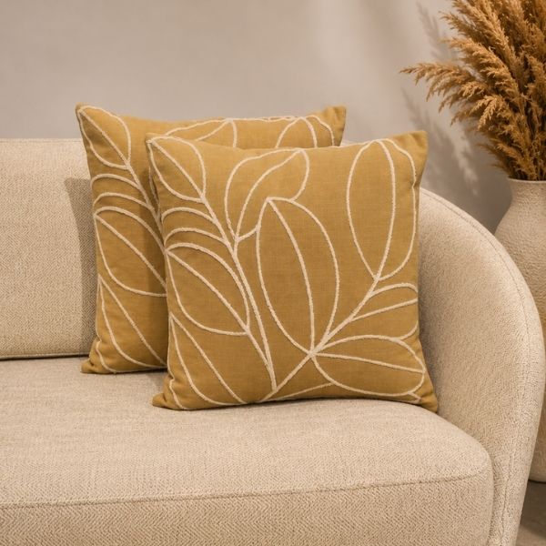 Beige White Leaf Embroidery Cushion Cover