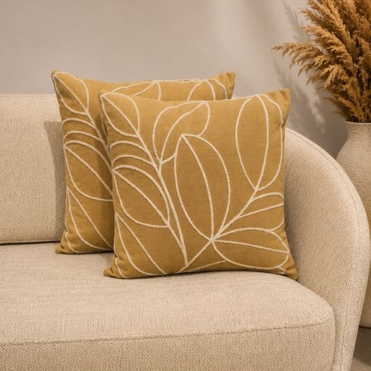 Beige White Leaf Embroidery Cushion Cover