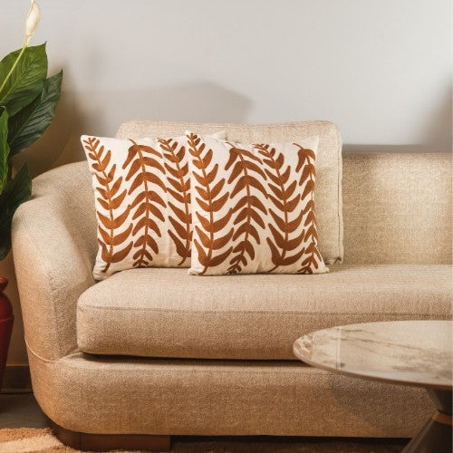 Beige Leaf Embroidered Cushion Cover