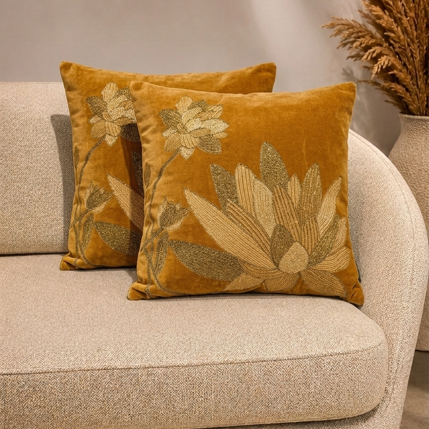 Brown Lotus Embroidery Cushion Cover