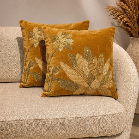 Brown Lotus Embroidery Cushion Cover