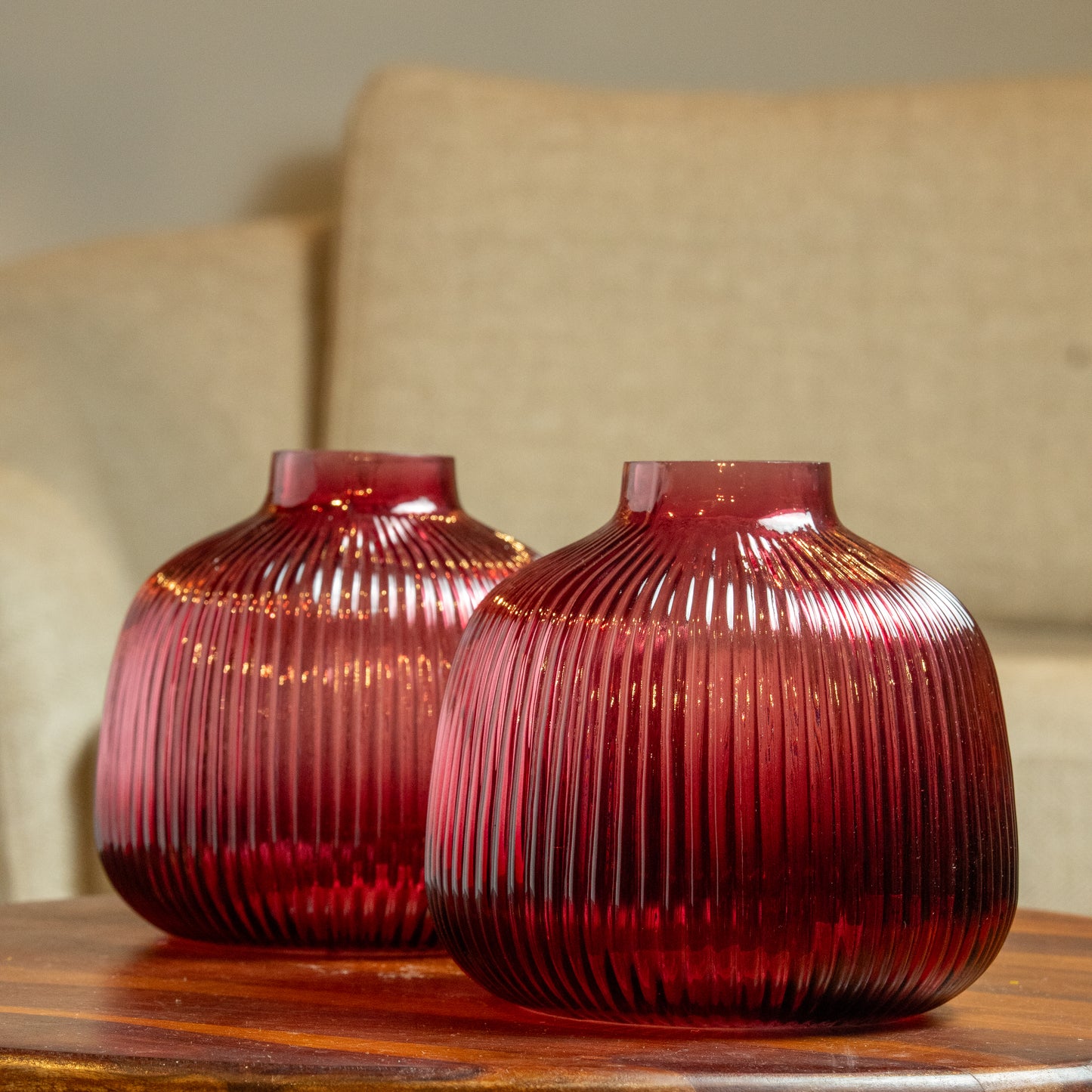 Dark Pink Round Ribbed Vase