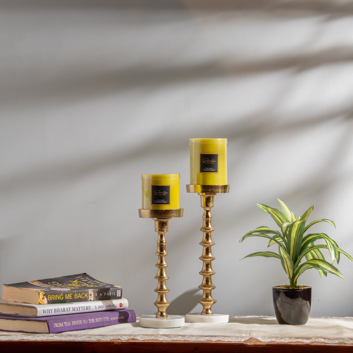 Gold Metal Candle Holder With Marble Base - Set of 2
