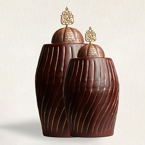 Maroon Ribbed Metal Jar With Lid Set