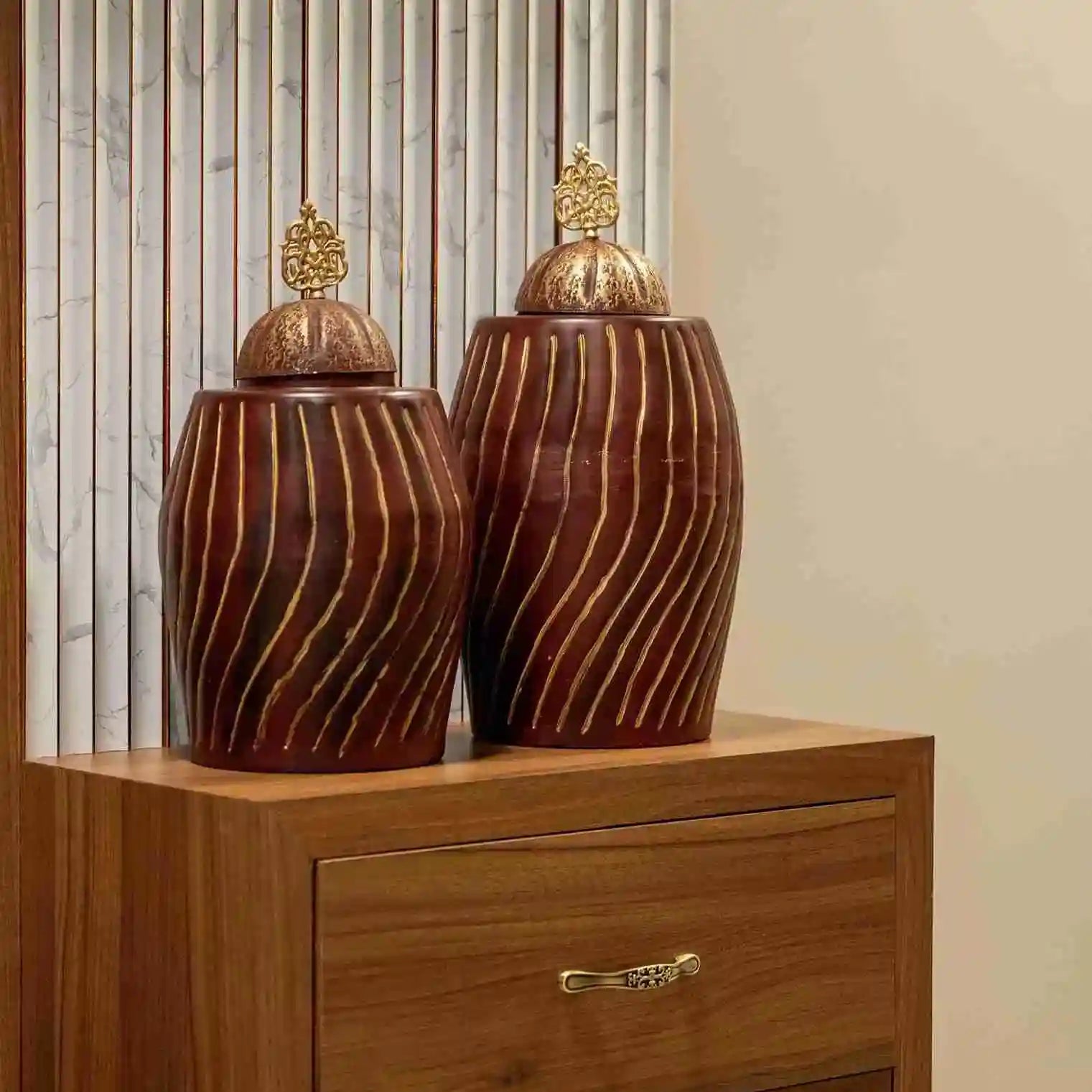 Maroon Ribbed Metal Jar With Lid 