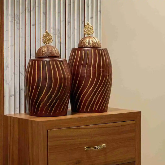 Maroon Ribbed Metal Jar With Lid 