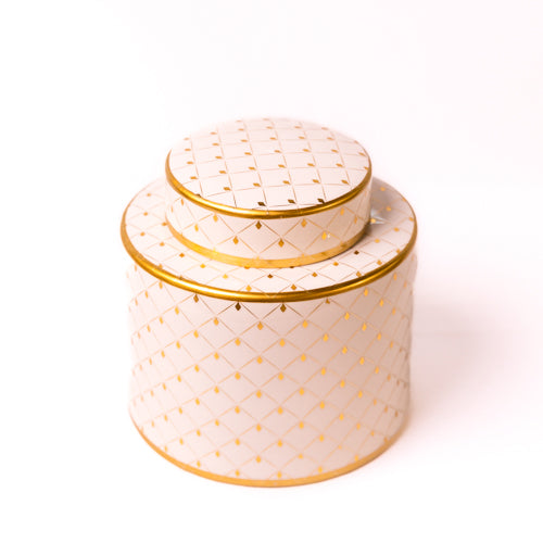 White & Gold Round Ceramic Jar With Lid - Medium