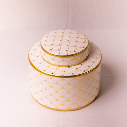 White & Gold Round Ceramic Jar With Lid - Small