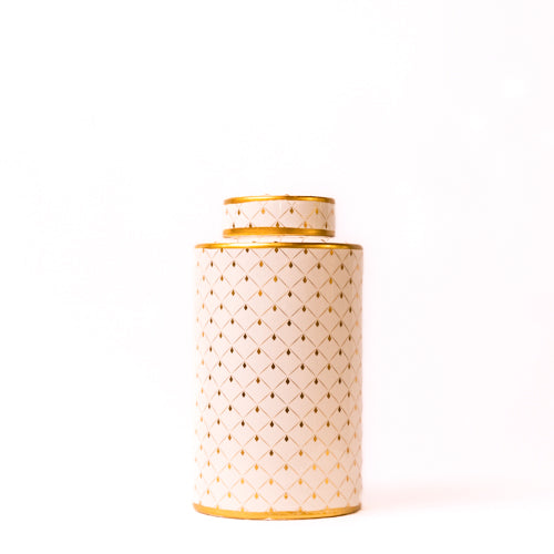 White & Gold Round Ceramic Canister With Lid - Large