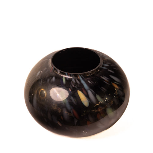 Black Round Handblown Glass Vase With Multicolour Grains