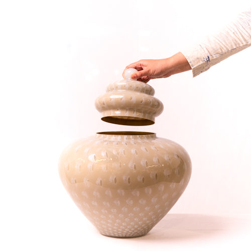 Beige & White Handblown Glass Jar With Lid