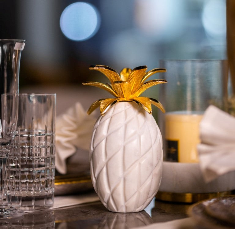 White Marble Pineapple With Metal Leaves