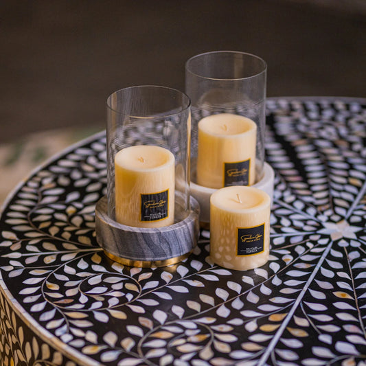 Grey Marble Hurricane With Brass Finish Ring & Glass