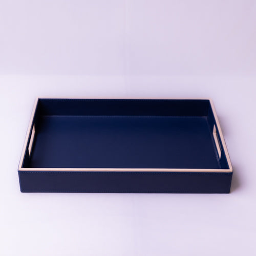 Navy Blue Rectangular Faux Leather Tray -m