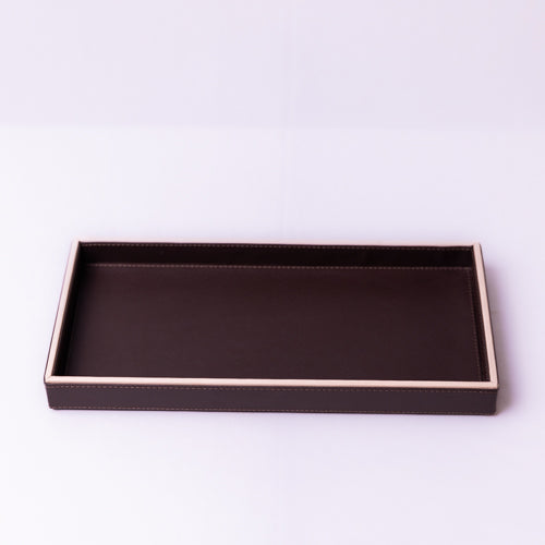 Walnut Brown Rectangular Faux Leather Tray - S