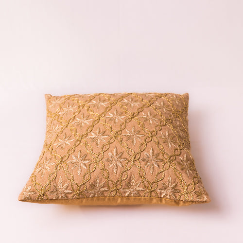 Gold Floral Embroidered Cushion Cover With Twisted Dori