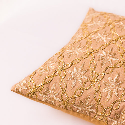 Gold Floral Embroidered Cushion Cover With Twisted Dori