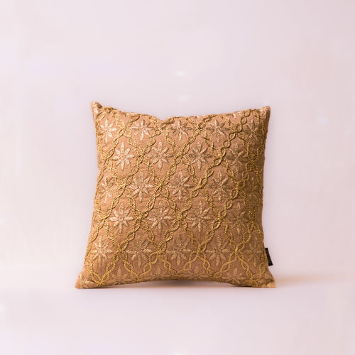 Gold Floral Embroidered Cushion Cover With Twisted Dori