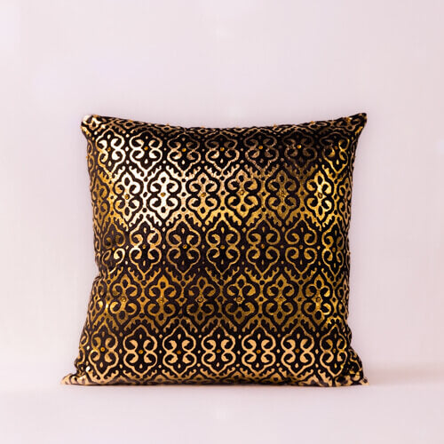 Black & Gold Velvet Foil Printed Cushion Cover With Stonework