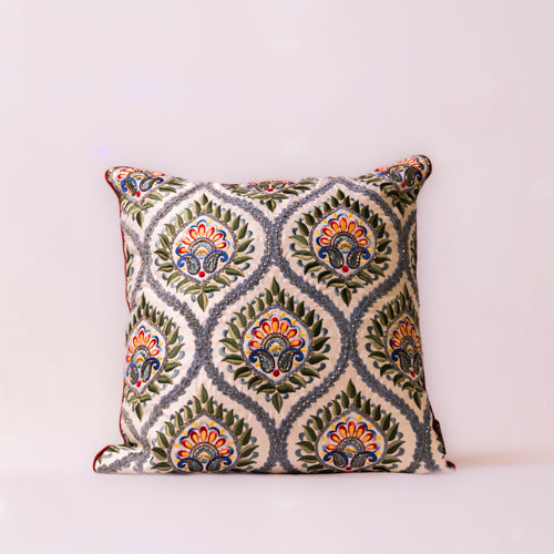 White & Blue Floral Embroidered Cushion Cover With Sequin Work