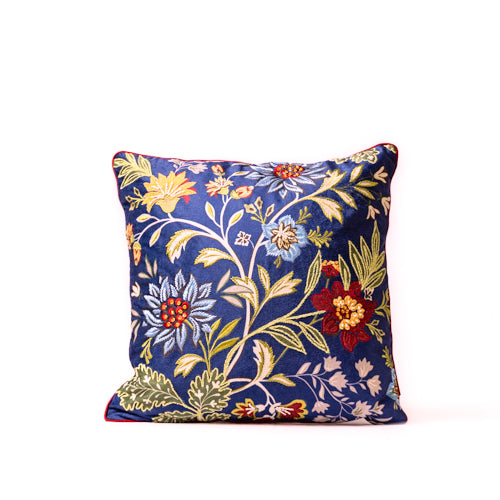 Navy Blue Floral Embroidered Cushion Cover