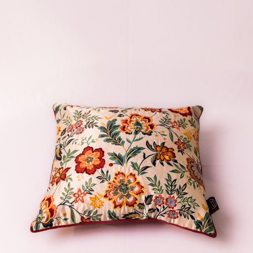 White & Red Floral Embroidered Cushion Cover