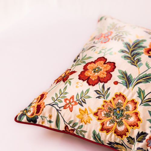 White & Red Floral Embroidered Cushion Cover