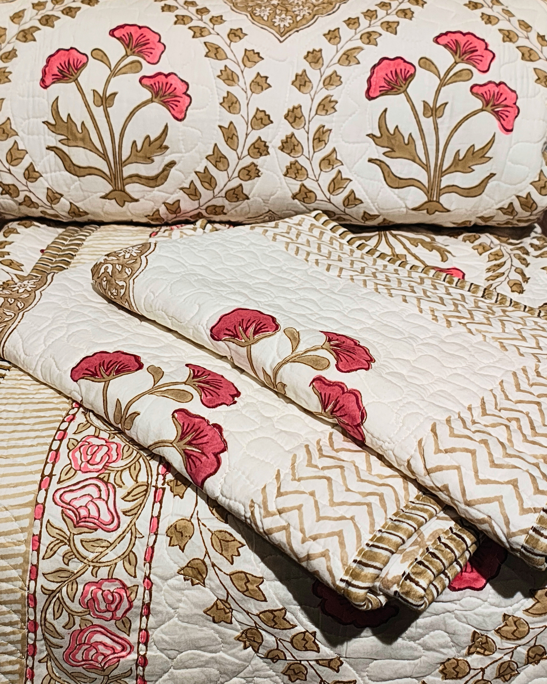 Pink Poppy Block Print Quilted King Size Bed Covers